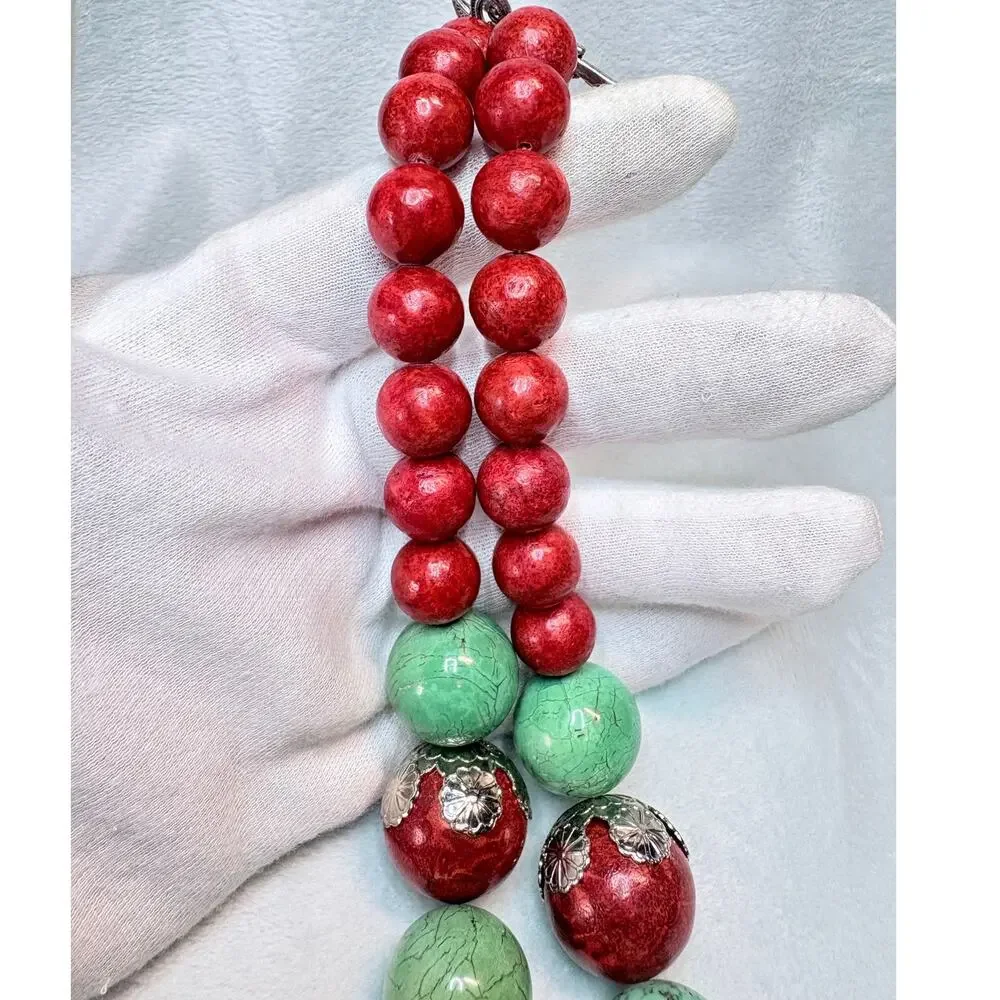 Chunky Coral & Turquoise Color Statement Necklace w Large Green Stone Pendant